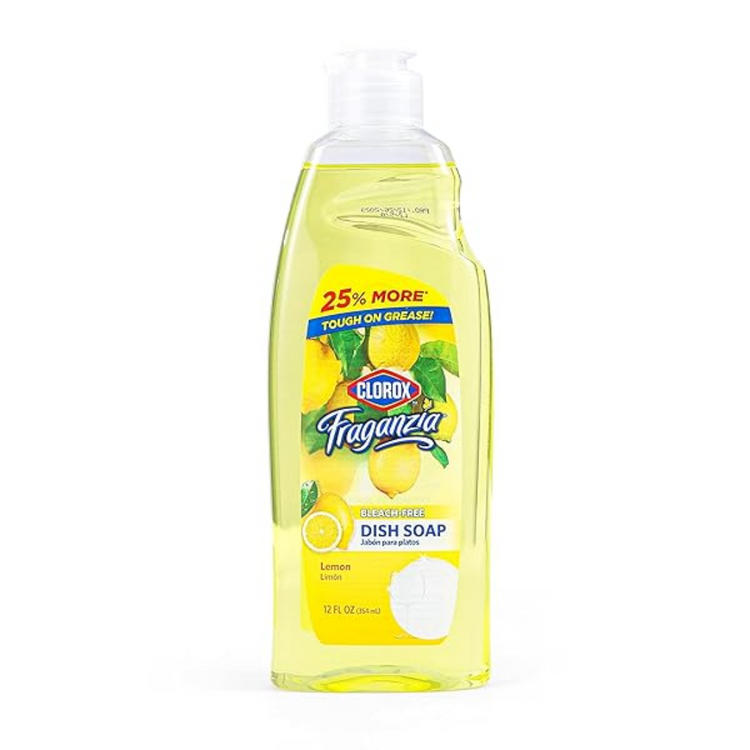 Clorox Fraganzia Lemon dish soap in a 12oz bottle, designed for cleaning and degreasing dishes, with bright lemon scent.