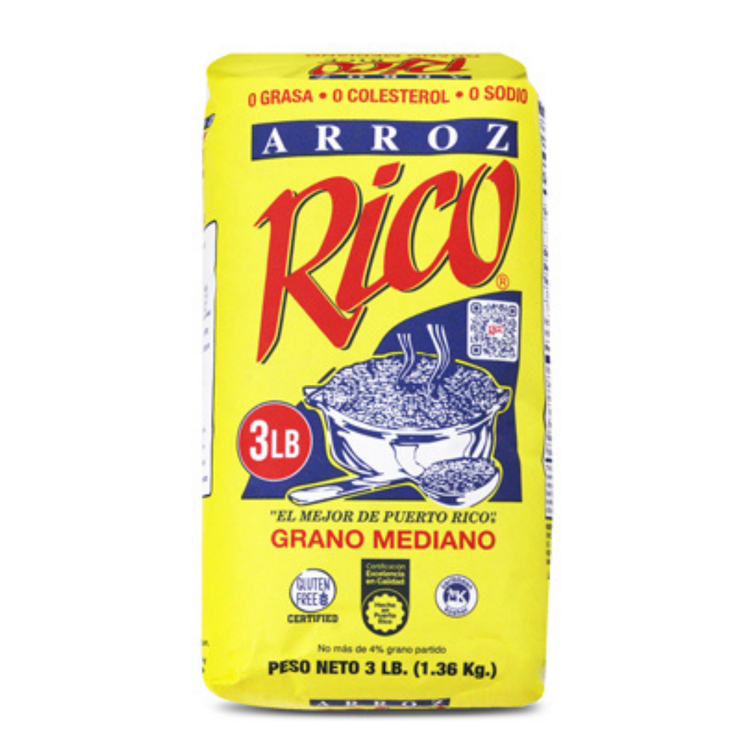 Long grain rice in 3lb bag from La Comprita brand, displayed in a clear package with rice grains visible.