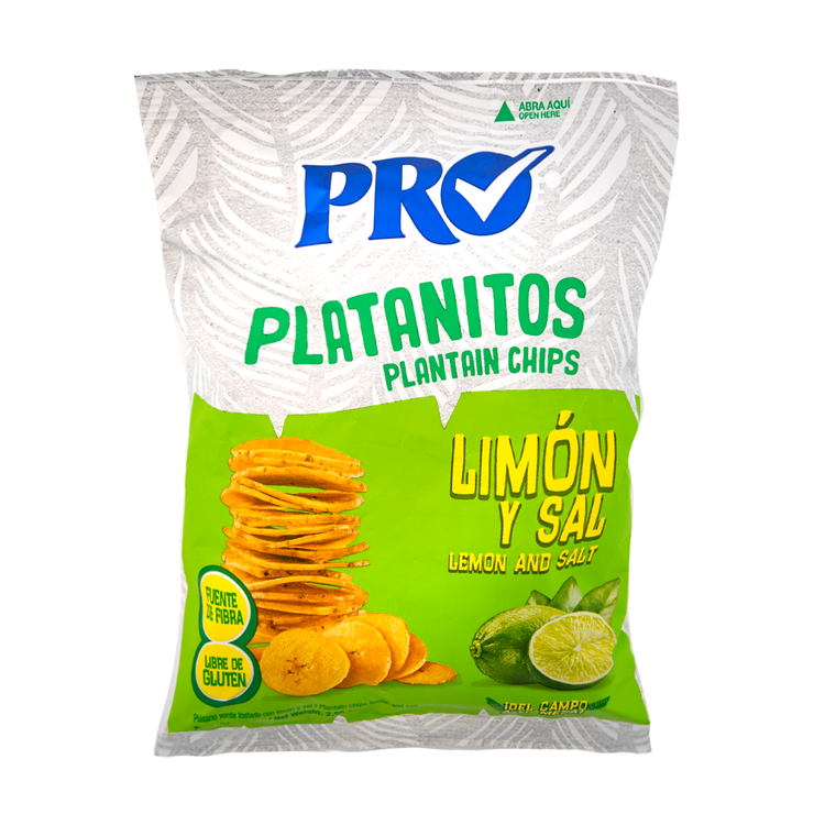 Pro Plátano Verde y Limón Plantain Chips by La Comprita in 2.5oz bag, featuring green plantains and lemon flavor.