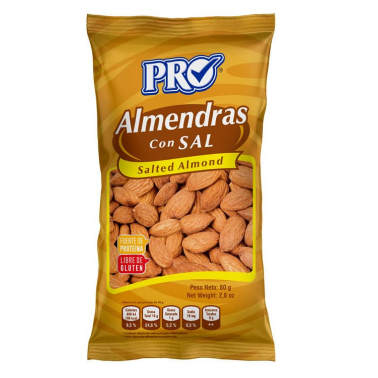 Natural almonds in a 2oz package by La Comprita, featuring Farmacias Savia branding and clear almond imagery.