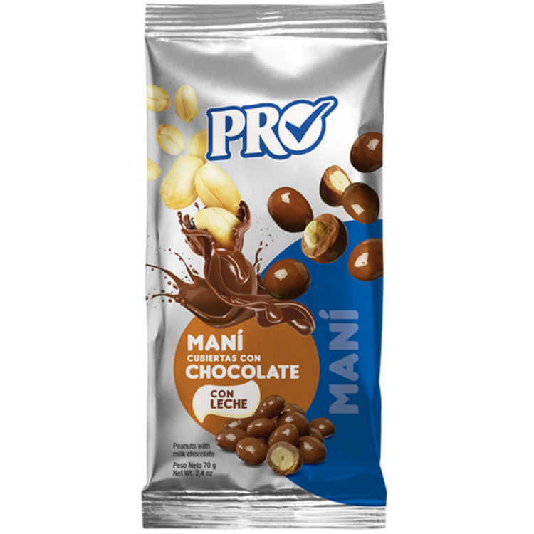 Chocolate-covered peanuts in a 1.5oz package from Pro Maní by La Comprita, with visible glossy chocolate coating and crunchy peanut inside.