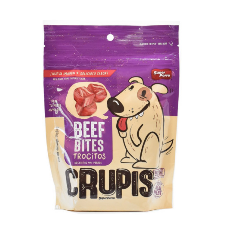 Crupis Beef Bites dog treats in a 6 oz package, featuring savory beef snacks for dogs from Farmacias Savia.