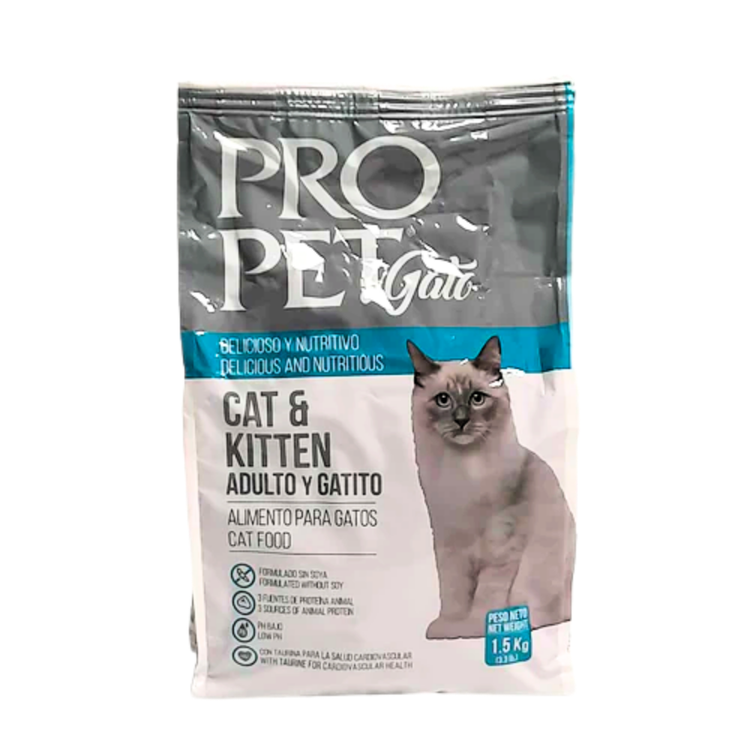 Pro Pet Cat & Kitten Food in 3.3 lbs bag, nutritious feline alimentation by Farmacias Savia with meat flavor and balanced ingredients.