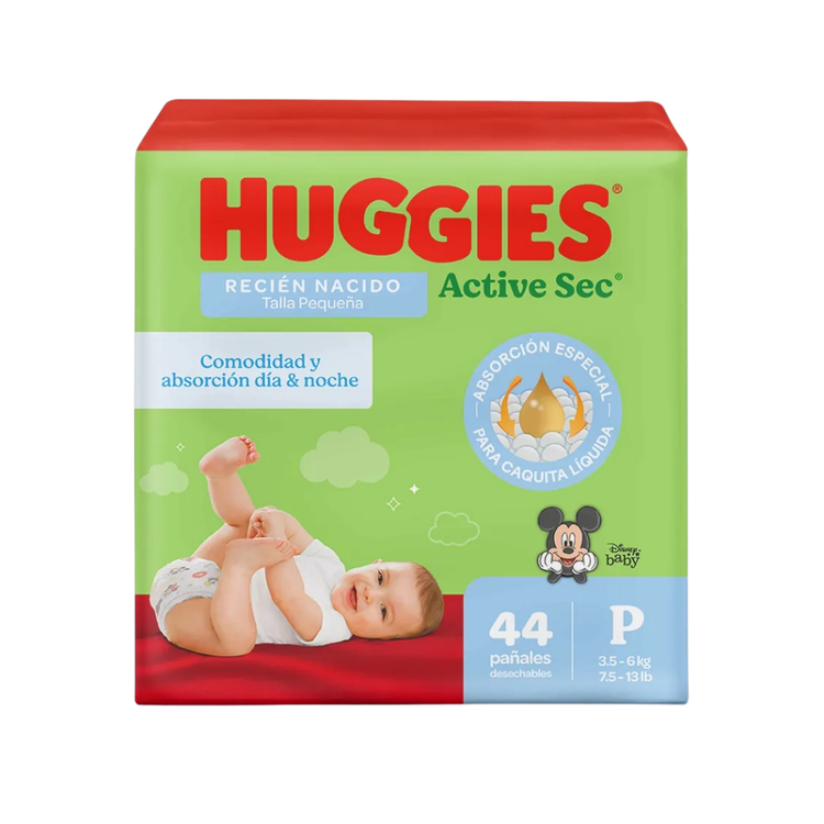 Huggies Active Sec baby diapers size P/1 for newborns, 44 count, featuring absorbent design and soft material for comfort.