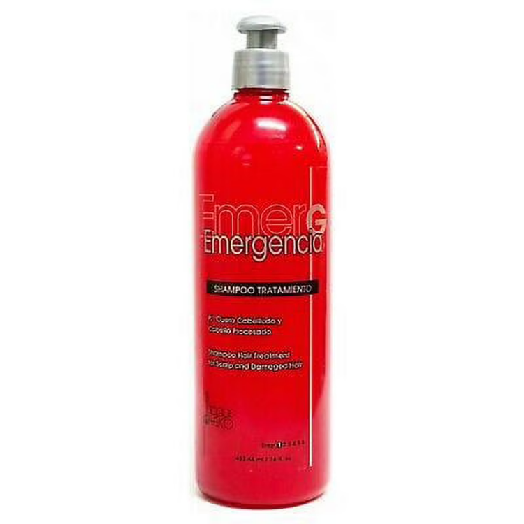 Farmacias Savia Emergencia Treatment Shampoo for damaged hair in 16oz bottle, shown with damaged hair strands and shampoo packaging.