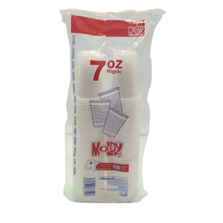 Set of 100 La Comprita 7oz plastic cups by Farmacias Savia, clear disposable cups for beverages, stacked neatly.