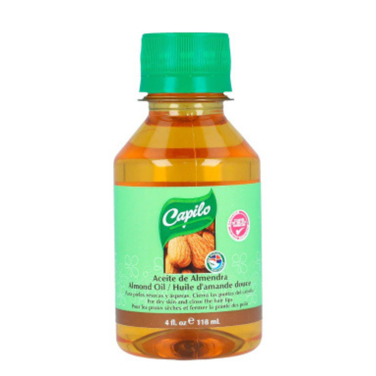 Farmacias Savia Capilo Almond Oil 4oz bottle with a clear label and golden liquid inside, ideal for hair and skin care.