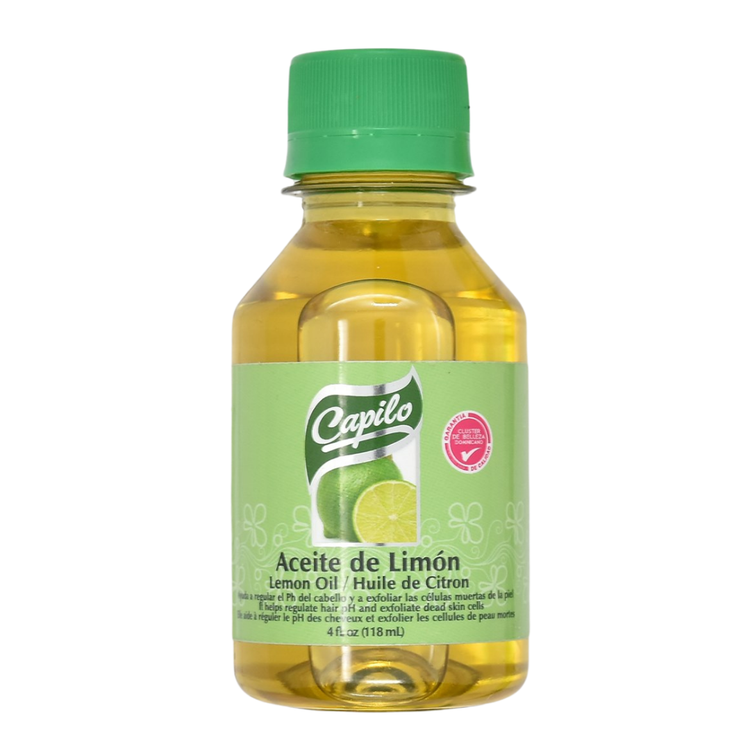 Farmacias Savia Capilo Lemon Oil 4oz bottle with lemon illustrations, ideal for hair and scalp care.