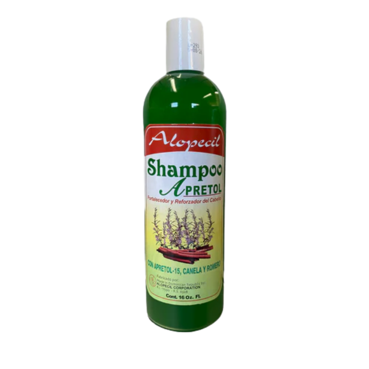 Aloepecil Apretol shampoo with cinnamon and rosemary for hair, 16 oz bottle, natural ingredients for scalp health.