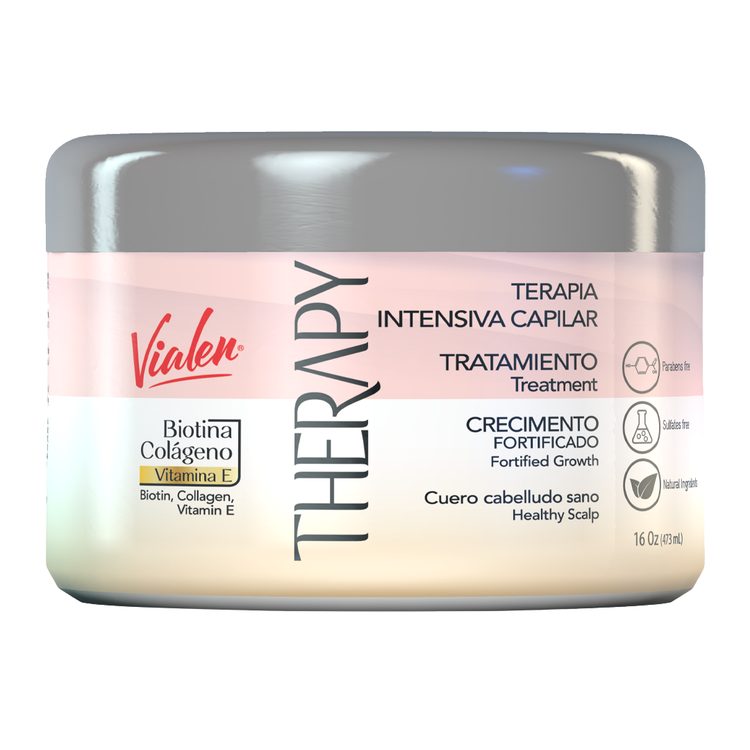 Farmacias Savia Therapy Hair Treatment in 8oz bottle with creamy consistency, designed to nourish and strengthen hair.