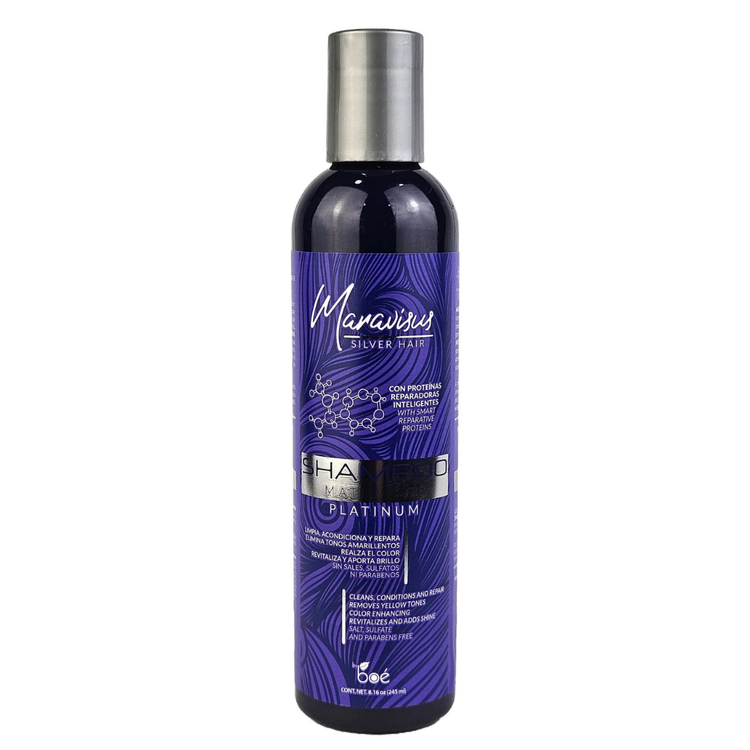 Silver hair shampoo by Maravisus, Farmacias Savia, in an 8.16 oz bottle, designed to tone and brighten platinum blonde hair.