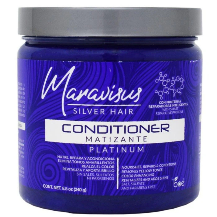 Silver hair platinum matizante conditioner by Farmacias Savia in a 8.5oz bottle, shown with sleek silver packaging and product label.