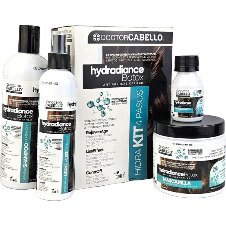 Doctor Cabello Hydradiance Botox Hair Treatment Kit by Farmacias Savia, four-step hair care set with bottles and tools.