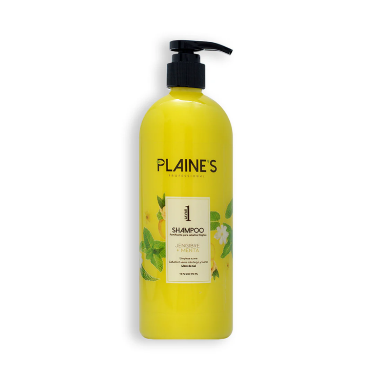 Farmacias Savia Plaine’s Ginger & Mint strengthening shampoo bottle with fresh ginger and mint ingredients, 16.9 fl oz.