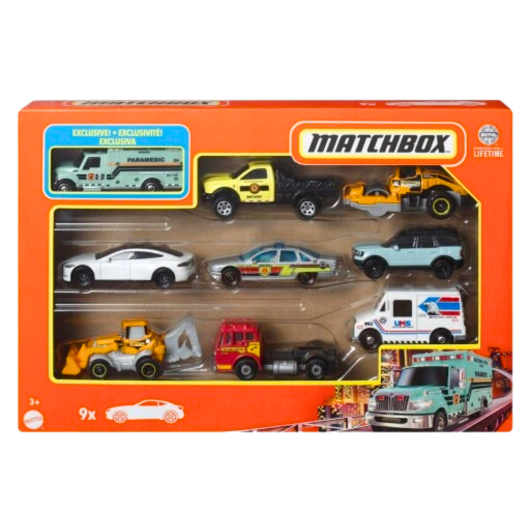 Set of nine colorful Matchbox toy cars in a gift pack for children aged 3 and up, featuring various vehicle types and bright designs.