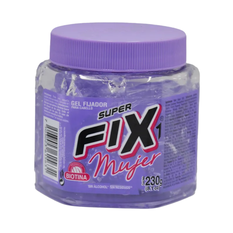 Super Fix Woman Hair Styling Gel with Biotin in 8.1oz jar, featuring clear gel and a smooth hair styling application.
