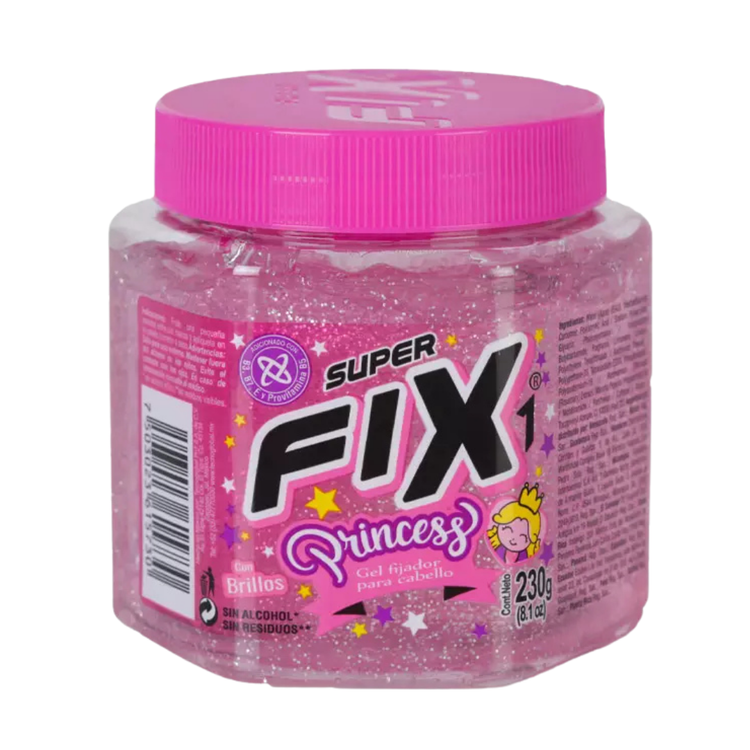 Super Fix Princess Styling Gel with glitter for girls, 8.1oz, in a colorful container with glitter accents, by Farmacias Savia.