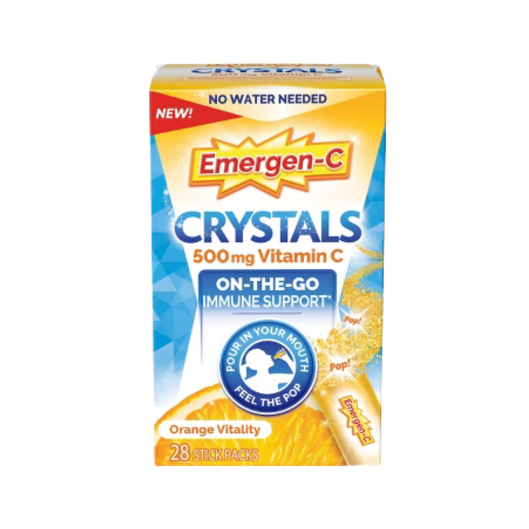 Emergen-C Crystals Vitamin C immune support supplement in orange flavor, 28 count box, with orange-colored crystals on the packaging.