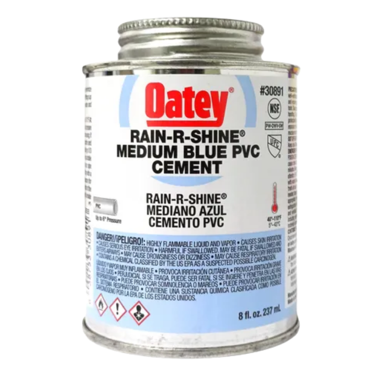 Blue PVC cement from Datey in a 4oz container, suitable for plumbing and repair projects.
