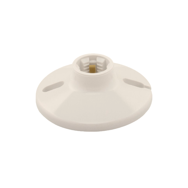 Ivory plastic escutcheon plate for plumbing covers, designed by Farmacias Savia, with a smooth, rounded finish and decorative edges.