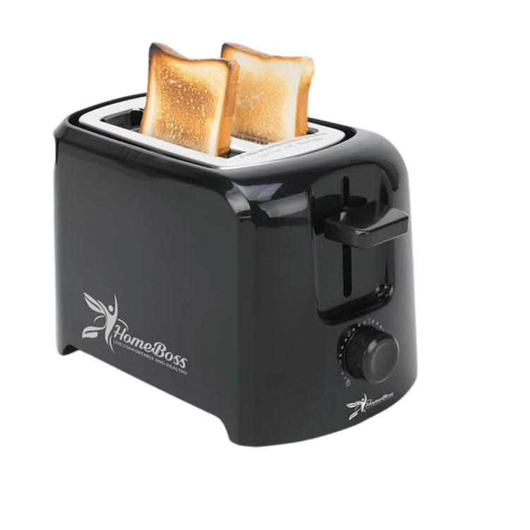 HomeBoss 2-slice electric toaster with variable browning control, 800W, black finish, on a kitchen countertop.
