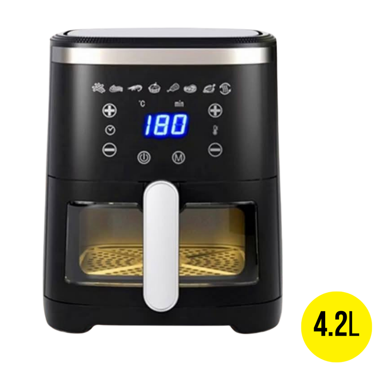 HomeBoss digital air fryer with viewing window, 4.2L capacity, compact kitchen appliance for healthy frying by Farmacias Savia