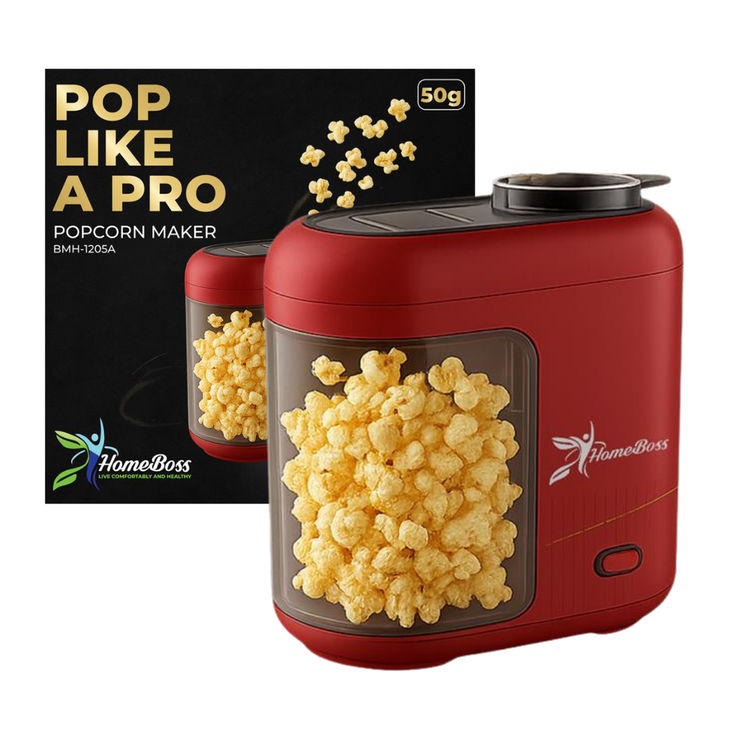 HomeBoss electric hot air popcorn maker from Farmacias Savia with a compact design and transparent popping chamber.