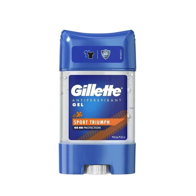 Gillette Sport Triumph deodorant stick in 2.4oz container, featuring a sleek blue and white design for active wear.