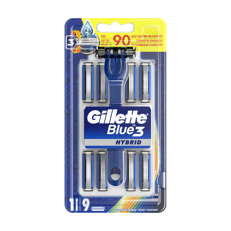 Gillette Blue3 Hybrid Razor for Men with one handle and nine cartridges, featuring a sleek design and multiple blade cartridges.