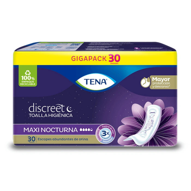 Tena Discreet Maxi Night incontinence pads in a 30-count pack, designed for overnight protection and discreet handling.