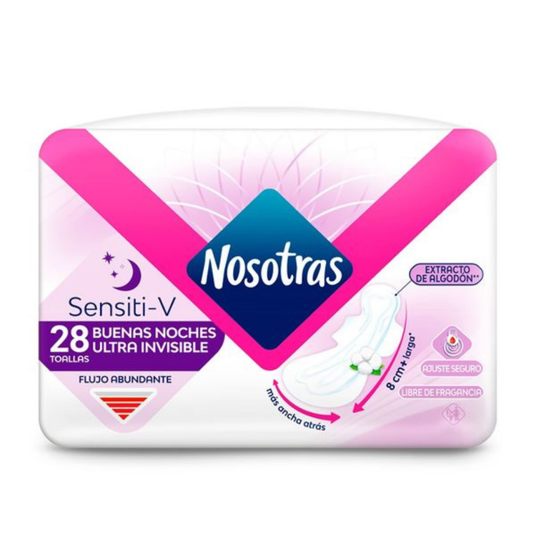 Nosotras Overnight Ultra Thin Sensitive Pads for women, 20 count, feminine hygiene product with discreet, thin design for comfort.