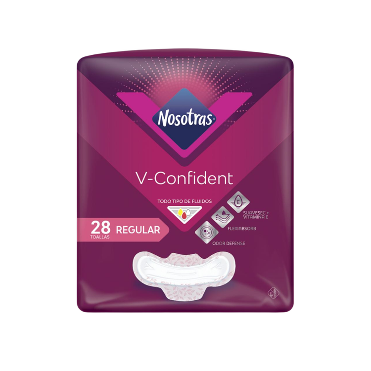 Nosotras V-Confident daily pantyliners, 28 count, lightweight absorbent liners for everyday freshness and protection.