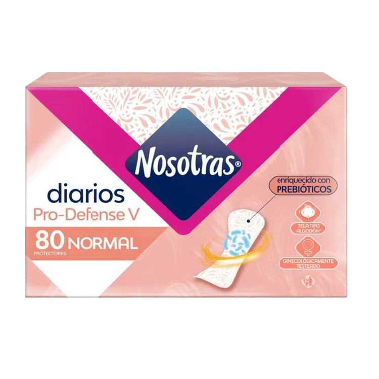 Nosotras Daily Pantiliners Normal pack of 80 by Farmacias Savia, showing individual pantiliner packages with discreet design.