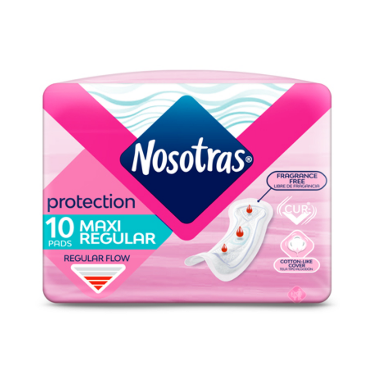 Nosotras Protection fragrance-free maxi toallas, regular absorbency, 10-count, designed for comfort and protection.
