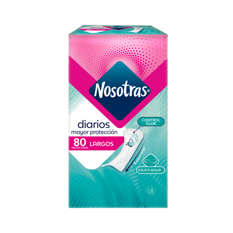 Nosotras long protection pantyliners for daily care, 80-count pack, lightweight and comfortable feminine hygiene product.