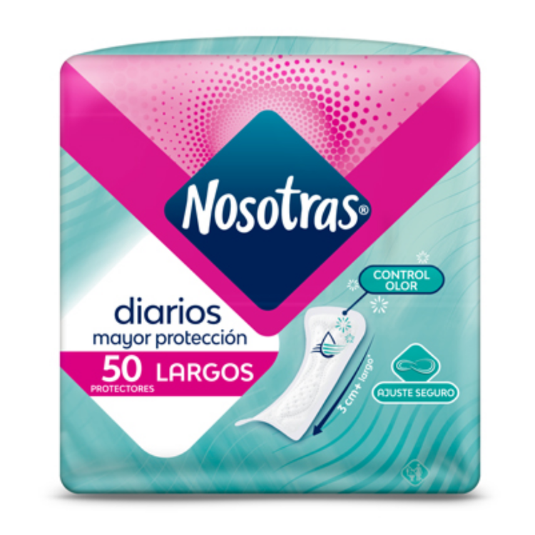 Nosotras Diarios Largos Mayor Protección in a 50-count pack, feminine hygiene pads from Farmacias Savia, with absorbent surface and wings.