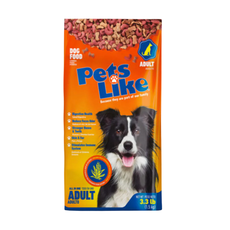 Pets Like Adult All in One Complete Nutrition Dog Food, 3.3lb bag, with image of dog food kibble and packaging from Farmacias Savia