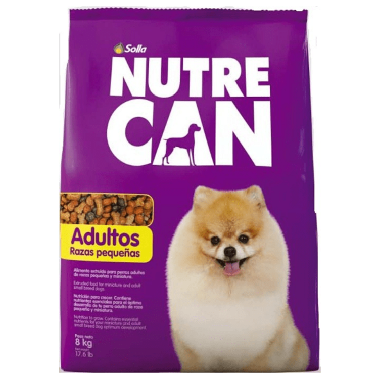 Small breed adult dry dog food Nutre Can by Farmacias Savia in a 13.2lb bag, shown in a natural food setting