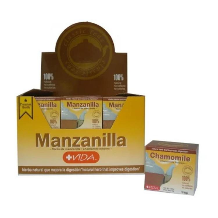 Chamomile herbal tea box by Más Vida, 100% natural herbs, 10-count package, ideal for relaxing teas and wellness.