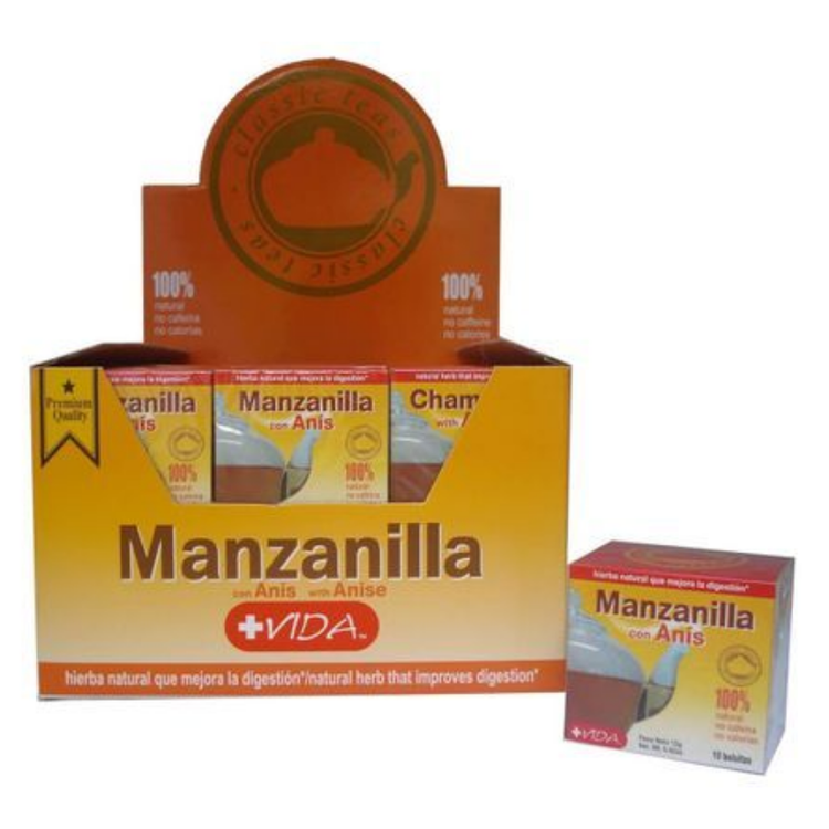 Chamomile with anise herbal tea from Más Vida, 10-count box, natural herbs supplement in a tea bag package.