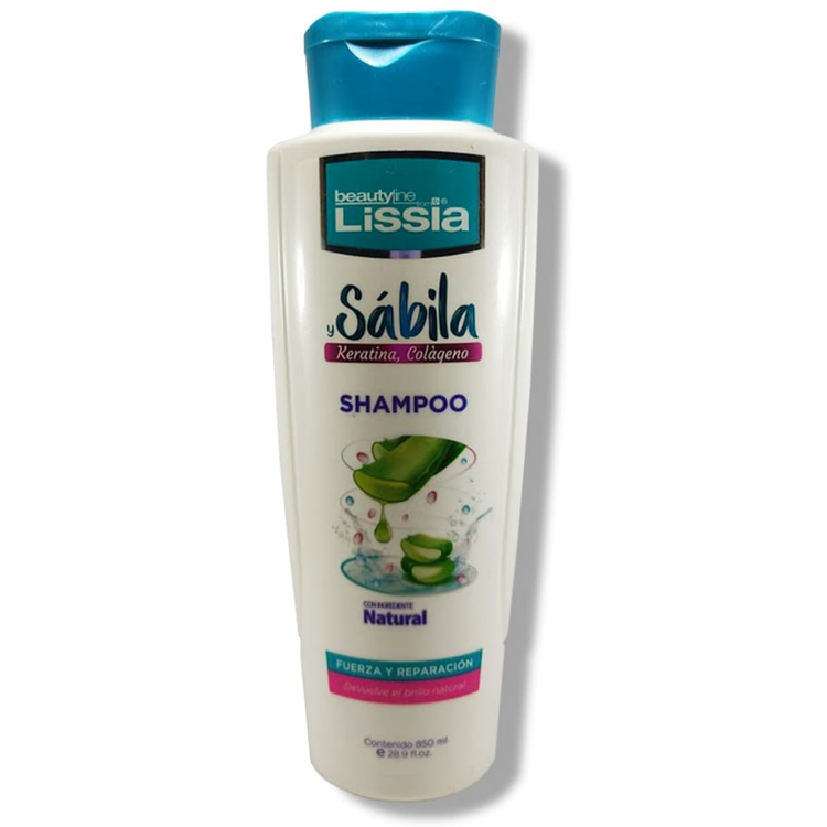 Beauty Line by Lissia Aloe Vera, Keratin & Collagen Shampoo in 28.9 fl oz bottle, showing the product label and packaging.
