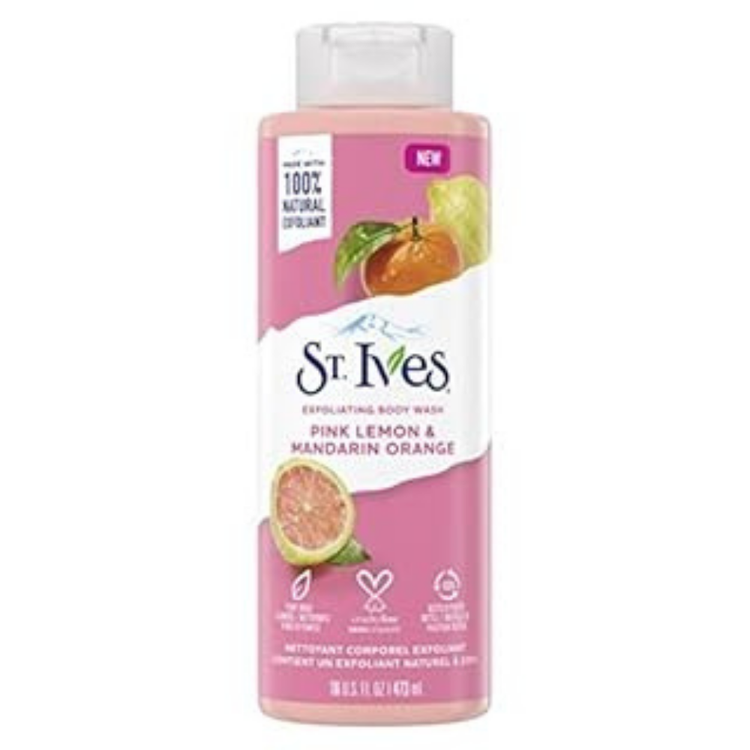 St. Ives Pink Lemon & Mandarin Orange exfoliating body wash in a 16 oz bottle with pink and orange citrus scent.