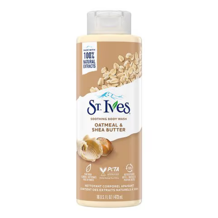 Farmacias Savia St. Ives soothing body wash with oatmeal and shea butter in a 16 oz bottle, showing the product label and packaging