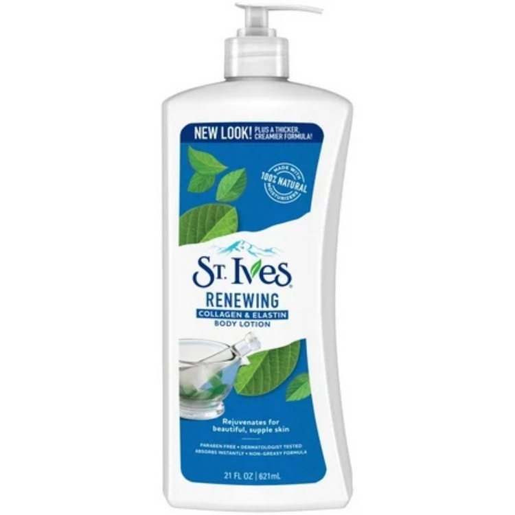 St. Ives Renewing Collagen & Elastin Body Lotion in 21 oz bottle, featuring a white and blue packaging with a pump dispenser.