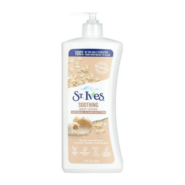 Farmacias Savia St. Ives Nourish & Soothe oatmeal and shea butter body lotion bottle, 21 fl oz, with creamy lotion visible.