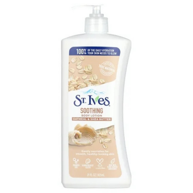 Farmacias Savia St. Ives soothing oatmeal and shea butter body lotion in a 21 oz bottle, with creamy lotion visible in the image.