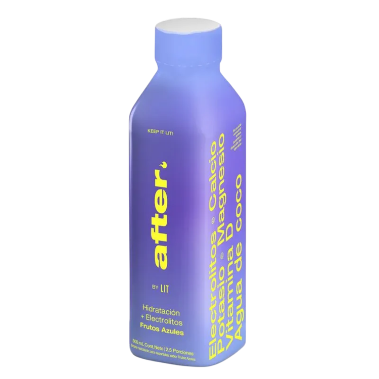After by Lit Hydration Drink with blue fruits in a 16.9 fl oz bottle, featuring vibrant blue and fruit imagery.