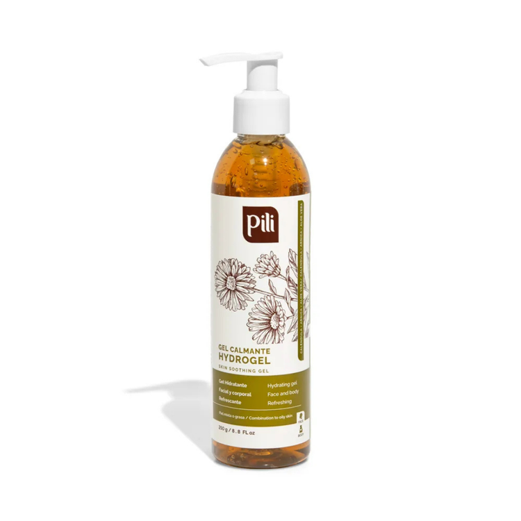 Pili Skin Soothing Hydrogel with Calendula and Aloe Vera in an 8.8oz container, soothing skincare gel with natural ingredients