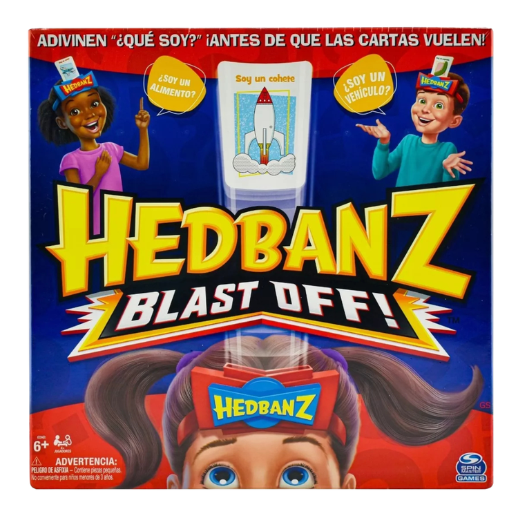 Hedbanz Blast Off game for kids aged 6 and up, featuring space-themed game pieces and colorful cards for family fun.