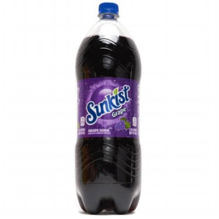 Sunkist Grape Soda 1.75L bottle, clear plastic with purple grape flavor label and cap, displayed upright.